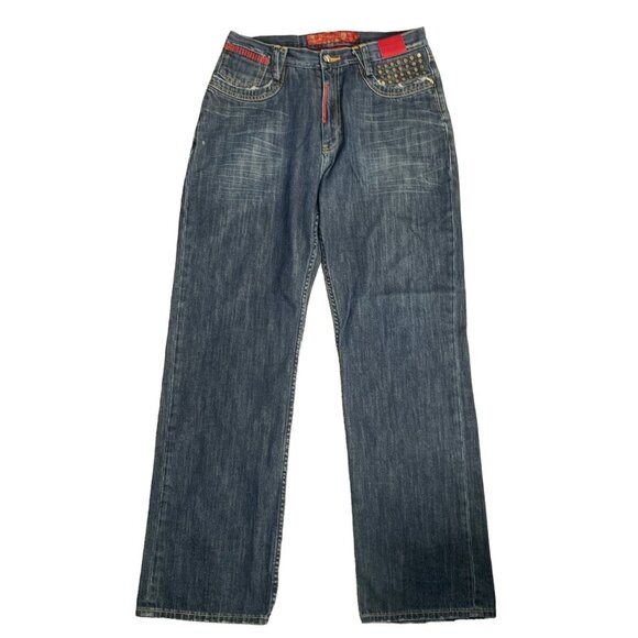 Vintage Y2K Stash House Denim Jeans 34 Med Wash Distressed Straight Embellished - Picture 1 of 8